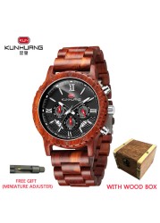 kunhuang wooden watch men erkek kol saati luxury stylish wood watches chronograph military quartz watches in wooden gift box