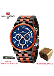 Relogio Masculino KUNHUANG Men's Wooden Watch Top Brand Luxury Stylish Chronograph Military Watches in Wooden Box reloj hom