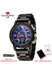 kunhuang wooden watch men erkek kol saati luxury stylish wood watches chronograph military quartz watches in wooden gift box