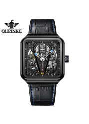 OUPINKE Automatic Watch Men Skeleton Mechanical Watch Steampunk Sapphire Crystal Square Leather Transparent Sports Wristwatches