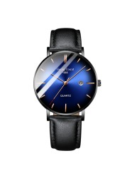 Men's quartz rose gold black net stainless steel black leather strap simple fashion blue watch