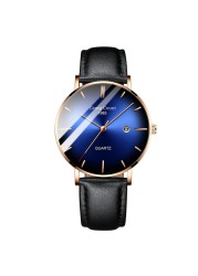 Men's quartz rose gold black net stainless steel black leather strap simple fashion blue watch