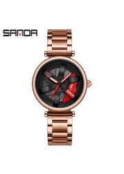 SANDA New Fashion Rotate Wheel Pattern Women's Watch Stainless Steel Waterproof Quartz Watch for Women Luxury Relogio Feminino