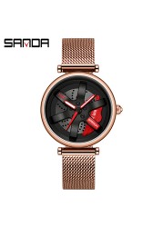 SANDA New Fashion Rotate Wheel Pattern Women's Watch Stainless Steel Waterproof Quartz Watch for Women Luxury Relogio Feminino