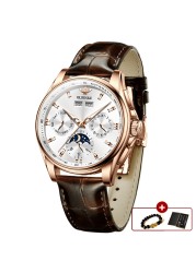 OUPINKE Luxury Automatic Men's Watch Mechanical Watches Leather Sapphire Crystal Waterproof Moon Phase Wristwatch Montre Homme