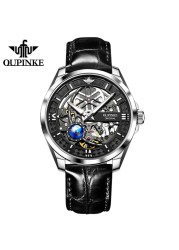 OUPINKE New Men's Automatic Mechanical Watch Skeleton Design 50M Waterproof Sapphire Mirror Leather Strap Male Watches