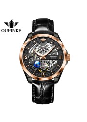 OUPINKE New Men's Automatic Mechanical Watch Skeleton Design 50M Waterproof Sapphire Mirror Leather Strap Male Watches