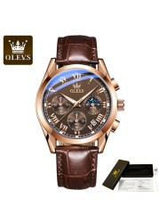 OLEVS Waterproof Corium Strap Men's Wristwatches Quartz Multifunction Three-eye Six Hand Fashion Luminous Men's Watches