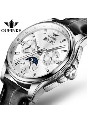 OUPINKE Men's Mechanical Watch Luxury Brand Automatic Watch for Men Leather Sapphire Waterproof Sport Moon Phase Wristwatch