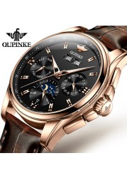 OUPINKE Men's Mechanical Watch Luxury Brand Automatic Watch for Men Leather Sapphire Waterproof Sport Moon Phase Wristwatch