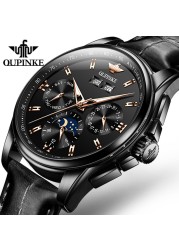 OUPINKE Men's Mechanical Watch Luxury Brand Automatic Watch for Men Leather Sapphire Waterproof Sport Moon Phase Wristwatch