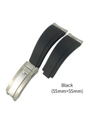 Curved End Metal Link Rubber Watchband 20mm Fit For Rolex Daytona GMT Slide Lock Submarine Buckle Silicone Sport Watch Strap