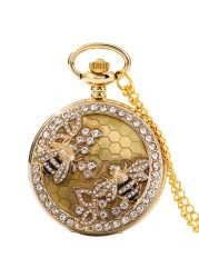 2022 New Unisex Gold Quartz Face Chain Pocket Watch Transparent Dripping Glue Diamond Bee Pattern Birthday Gift for Friend