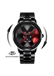 3D Spinning Unique Model Rim Watch Hub Custom Design Sports Car Frame Watch Waterproof Creative Men's Watch Wheel Wristwatch Clock