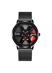 3D Spinning Unique Model Rim Watch Hub Custom Design Sports Car Frame Watch Waterproof Creative Men's Watch Wheel Wristwatch Clock