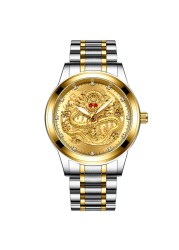 FNGEEN Mens Watches Luxury Brand Chinese Golden Dragon Quartz Watch Diamond Dial Stainless Steel Watch Male Relogio Masculin