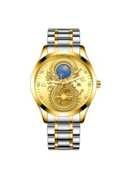 FNGEEN Mens Watches Luxury Brand Chinese Golden Dragon Quartz Watch Diamond Dial Stainless Steel Watch Male Relogio Masculin