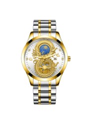 FNGEEN Mens Watches Luxury Brand Chinese Golden Dragon Quartz Watch Diamond Dial Stainless Steel Watch Male Relogio Masculin