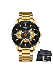 NIBOSI Men's Watch Chronograph Sport Men Watches Luxury Brand Waterproof Full Steel Gold Quartz Watch Men's Watch