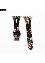 URVOI Leather Band for Apple Watch Series 7 6 SE 5 4 3 Strap for iwatch 41 45mm T Hole Flowers Printed Wrist Women Band