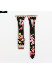 URVOI Leather Band for Apple Watch Series 7 6 SE 5 4 3 Strap for iwatch 41 45mm T Hole Flowers Printed Wrist Women Band