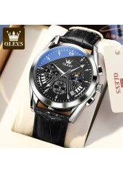 OLEVS Luxury Watch Men's Multifunctional Quartz Watch Business Style Leather Strap Waterproof Mens Calendar Chronograph Watch