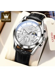 OLEVS Luxury Watch Men's Multifunctional Quartz Watch Business Style Leather Strap Waterproof Mens Calendar Chronograph Watch