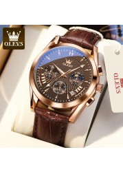 OLEVS Luxury Watch Men's Multifunctional Quartz Watch Business Style Leather Strap Waterproof Mens Calendar Chronograph Watch