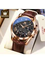 OLEVS Luxury Watch Men's Multifunctional Quartz Watch Business Style Leather Strap Waterproof Mens Calendar Chronograph Watch