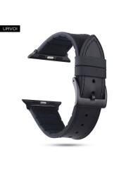 URVOI Strap for Apple Watch Series 7 6 SE 5 4 3 2 1 Leather Strap Silicone Back for iwatch Strap Breathable 41 45mm Buckle Black