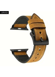 URVOI Strap for Apple Watch Series 7 6 SE 5 4 3 2 1 Leather Strap Silicone Back for iwatch Strap Breathable 41 45mm Buckle Black