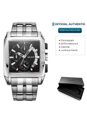 MEGIR Full Black Watches Men Luxury Chronograph Quartz Watch for Man Square Dial Luminous Wristwatch Relogios Relogios Reloj