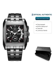 MEGIR Full Black Watches Men Luxury Chronograph Quartz Watch for Man Square Dial Luminous Wristwatch Relogios Relogios Reloj