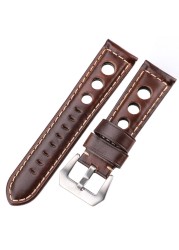 Cowhide Oil Wax Leather Watch Band, 22mm, 24mm, Dark Brown, for Men and Women, Genuine Leather, Fashionable, with Pin Buckle