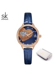 Quartz Watch for Women Luxury Fashion Leather Wristwatch Female Anniversary Gift Office Casual Shopping Rhinestone Heart Clock