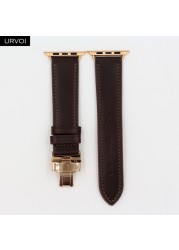 URVOI Deploy Buckle Band for Apple Watch 7 6 SE 5 4 3 Leather Strap for iwatch 41mm 45mm Single Round Design Butterfly Buckle