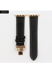 URVOI Deploy Buckle Band for Apple Watch 7 6 SE 5 4 3 Leather Strap for iwatch 41mm 45mm Single Round Design Butterfly Buckle