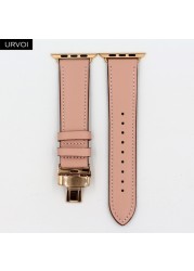 URVOI Deploy Buckle Band for Apple Watch 7 6 SE 5 4 3 Leather Strap for iwatch 41mm 45mm Single Round Design Butterfly Buckle