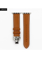 URVOI Deploy Buckle Band for Apple Watch 7 6 SE 5 4 3 Leather Strap for iwatch 41mm 45mm Single Round Design Butterfly Buckle