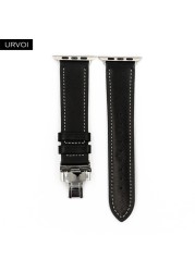 URVOI Deploy Buckle Band for Apple Watch 7 6 SE 5 4 3 Leather Strap for iwatch 41mm 45mm Single Round Design Butterfly Buckle