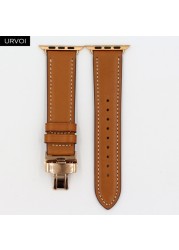 URVOI Deploy Buckle Band for Apple Watch 7 6 SE 5 4 3 Leather Strap for iwatch 41mm 45mm Single Round Design Butterfly Buckle