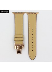 URVOI Deploy Buckle Band for Apple Watch 7 6 SE 5 4 3 Leather Strap for iwatch 41mm 45mm Single Round Design Butterfly Buckle