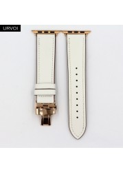 URVOI Deploy Buckle Band for Apple Watch 7 6 SE 5 4 3 Leather Strap for iwatch 41mm 45mm Single Round Design Butterfly Buckle