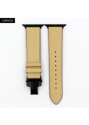 URVOI Deploy Buckle Band for Apple Watch 7 6 SE 5 4 3 Leather Strap for iwatch 41mm 45mm Single Round Design Butterfly Buckle