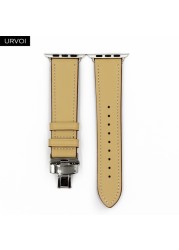 URVOI Deploy Buckle Band for Apple Watch 7 6 SE 5 4 3 Leather Strap for iwatch 41mm 45mm Single Round Design Butterfly Buckle