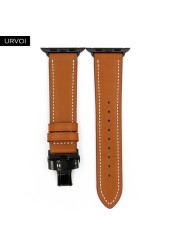 URVOI Deploy Buckle Band for Apple Watch 7 6 SE 5 4 3 Leather Strap for iwatch 41mm 45mm Single Round Design Butterfly Buckle