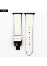 URVOI Deploy Buckle Band for Apple Watch 7 6 SE 5 4 3 Leather Strap for iwatch 41mm 45mm Single Round Design Butterfly Buckle