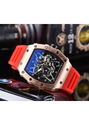 2022 Richard Men's High Quality Diamond Quartz Watch Hollow Glass Back Stainless Steel Case Black Rubber Watch