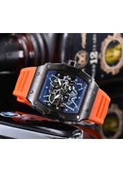 2022 Richard Men's High Quality Diamond Quartz Watch Hollow Glass Back Stainless Steel Case Black Rubber Watch