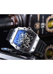 2022 Richard Men's High Quality Diamond Quartz Watch Hollow Glass Back Stainless Steel Case Black Rubber Watch